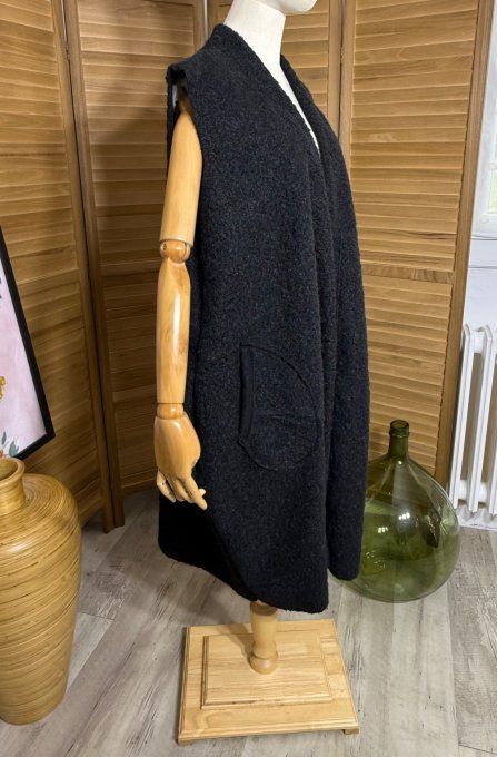 gilet long sans manches ample bouclette noir du 40 au 52 