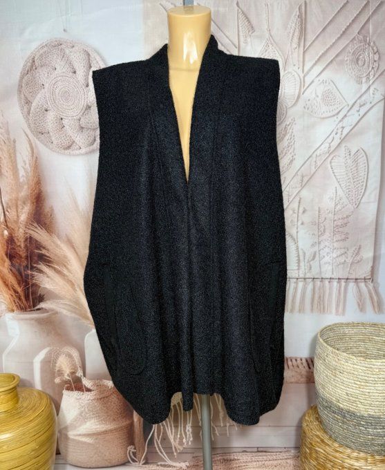 gilet mi-long sans manches ample bouclette noire du 40 au 52 
