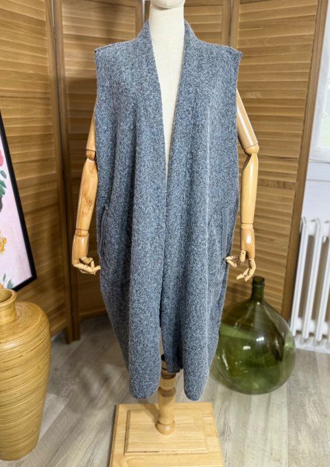 gilet long sans manches ample bouclette gris perle du 40 au 52