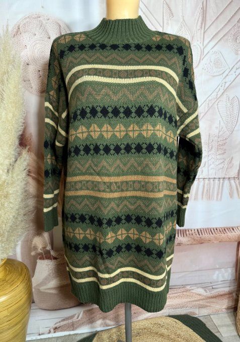 Robe-pull SANS LAINE Jacquard montagnard Kaki camel choco noir beige du 34 au 46/48 
