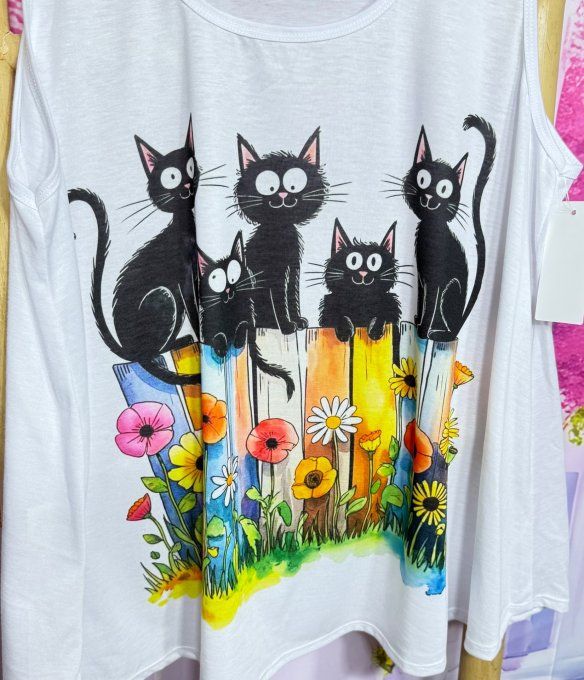 Débardeur trapèze blanc Les petits chats noirs sur la palissade du 40 au 50/52 