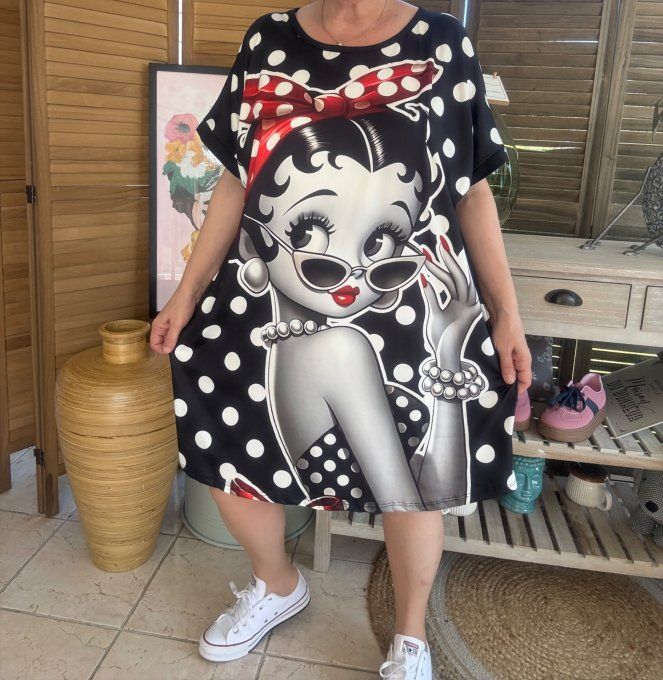 Tunique longue ou robe courte noire pois blancs Betty Boop rétro du 40 au 50/52  