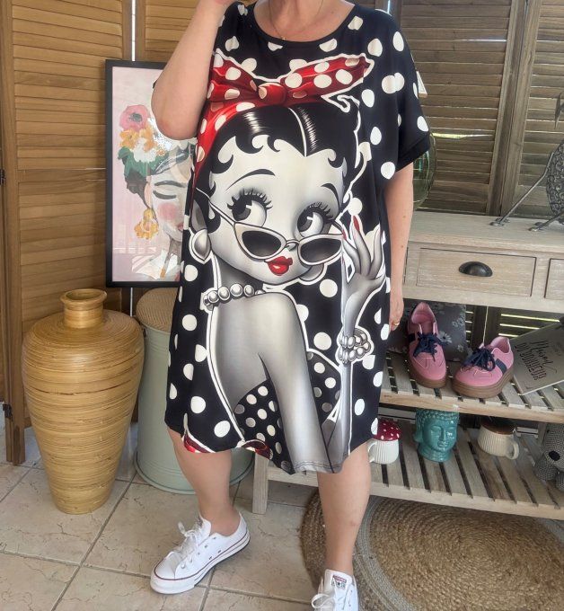 Tunique longue ou robe courte noire pois blancs Betty Boop rétro du 40 au 50/52  