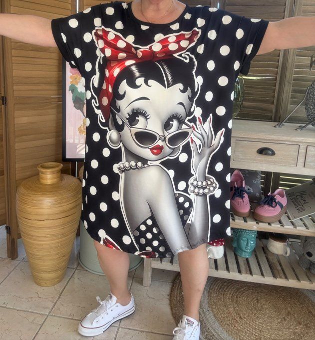 Tunique longue ou robe courte noire pois blancs Betty Boop rétro du 40 au 50/52  