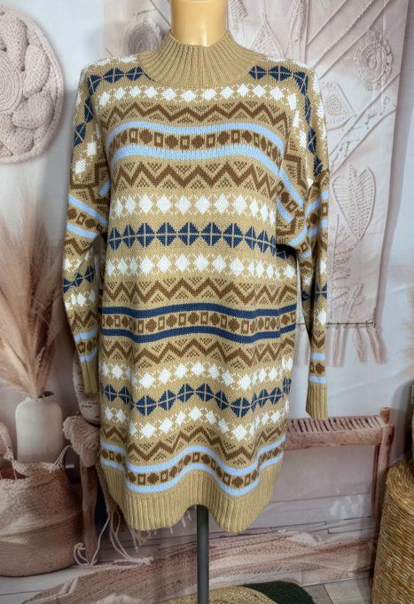 Robe-pull SANS LAINE Jacquard montagnard camel choco ciel marine crème du 34 au 46/48