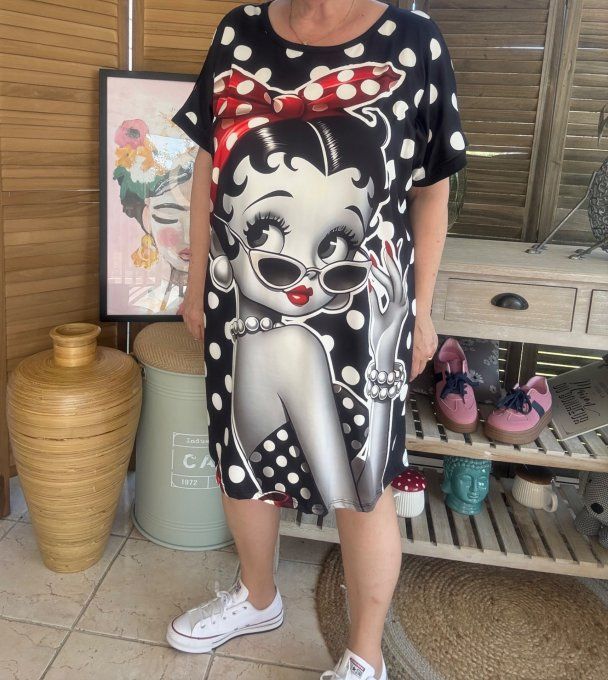 Tunique longue ou robe courte noire pois blancs Betty Boop rétro du 40 au 50/52  