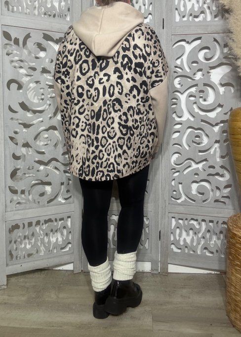 Sweat à capuche ample beige et dos Léopard beige noir douceur +++ du 42 au 52