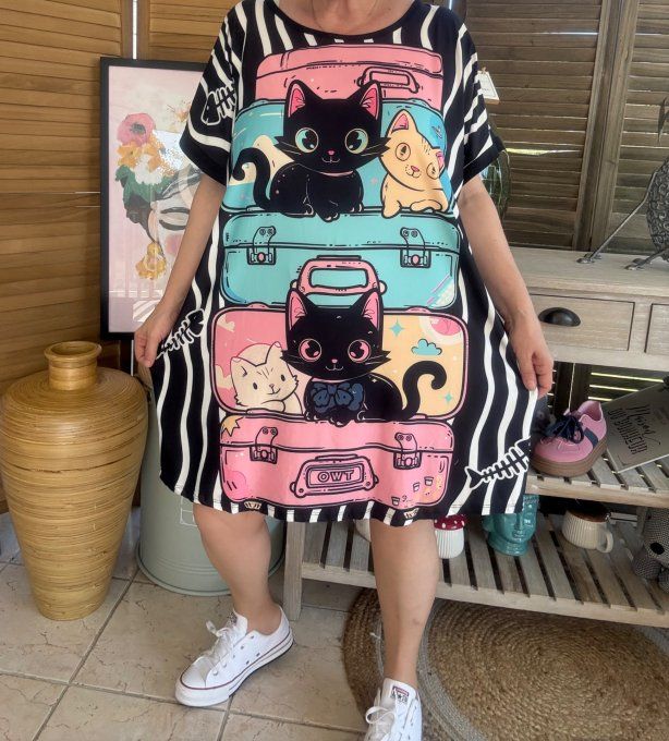 Tunique longue ou robe courte noire Les Chats dans les valises du 40 au 50/52  