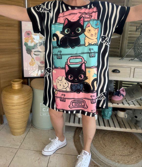 Tunique longue ou robe courte noire Les Chats dans les valises du 40 au 50/52  
