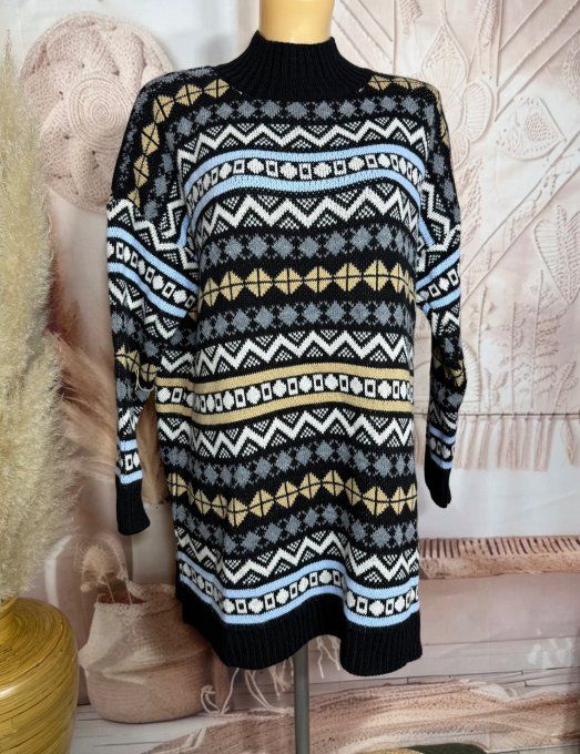 Robe-pull SANS LAINE Jacquard montagnard noir beige écru gris ciel du 34 au 46/48  