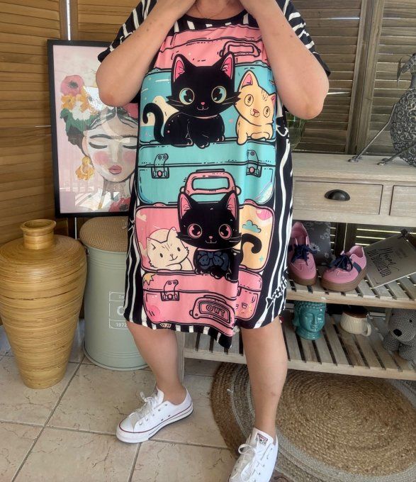 Tunique longue ou robe courte noire Les Chats dans les valises du 40 au 50/52  