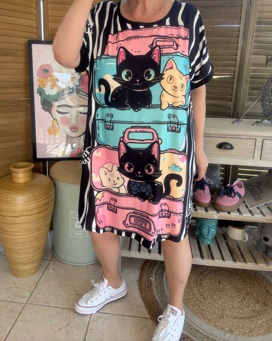 Tunique longue ou robe courte noire Les Chats dans les valises du 40 au 50/52  