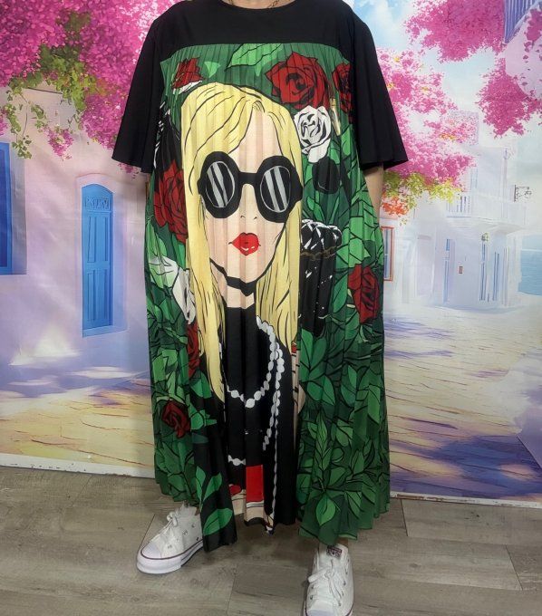 Robe mi-longue plissée noire & verte Roses rouges Fashion Pretty Woman du 40 au 52 