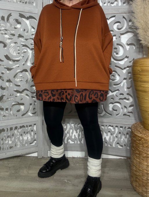 Sweat à capuche ample Terracotta et dos Léopard Terracotta noir douceur +++ du 42 au 52