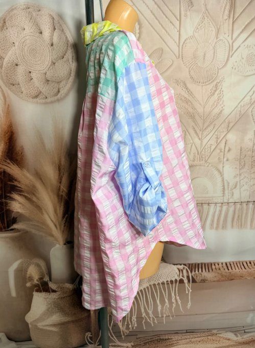 Chemise oversize asymétrique Carreaux Vichy pastel col jaune pastel du 40 au 52 