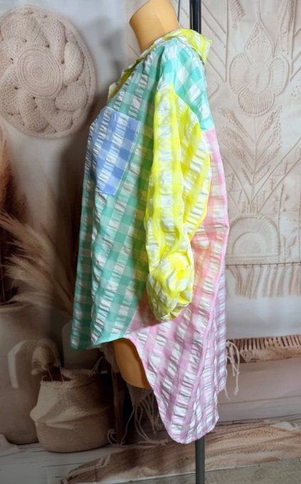 Chemise oversize asymétrique Carreaux Vichy pastel col jaune pastel du 40 au 52 