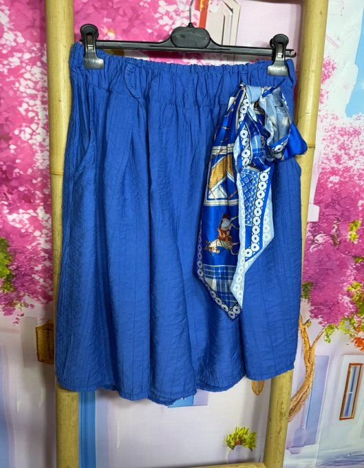 Short mi-long cuisses larges bleu royal + ceinture foulard satinée offerte douceur ++ du 38 au 48/50