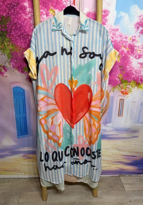 Robe longue oversize lin manches courtes Rayé ciel Coeur Papillon Colombes du 42 au 52