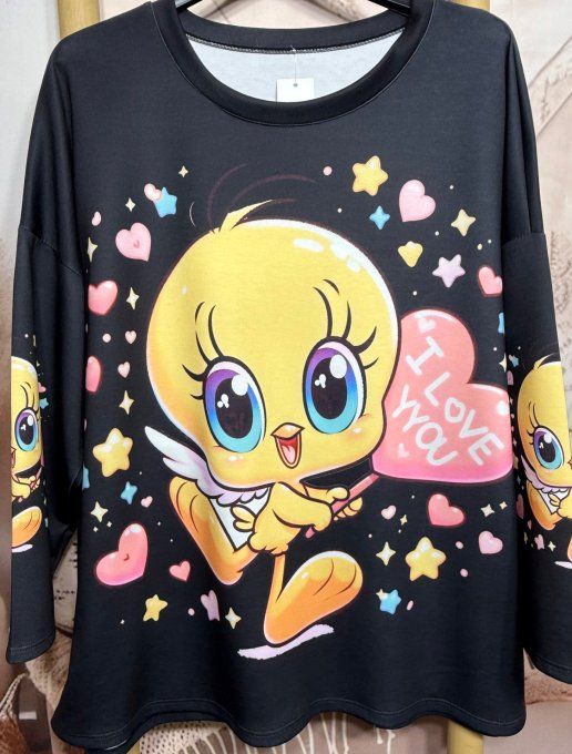 Sweat ample noir Titi Baby Angel Love étoiles coeurs multicolores du 40 au 52/54  