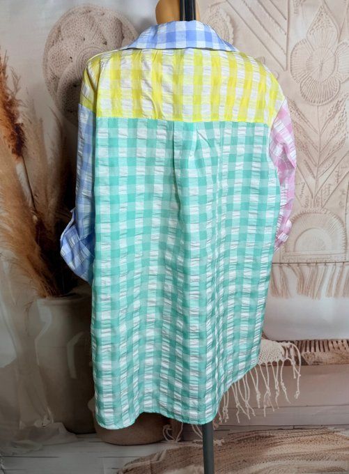 Chemise oversize asymétrique Carreaux Vichy pastel col Bleu layette du 40 au 52 
