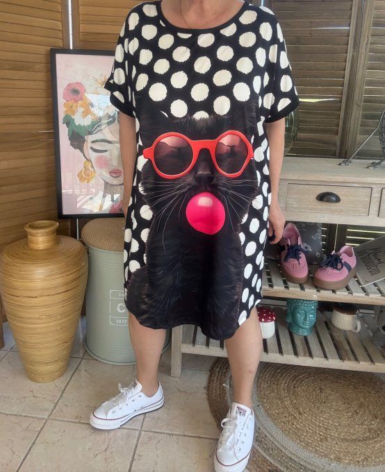 Tunique longue ou robe courte noire pois blancs Le Chat noir Bubble du 40 au 50/52