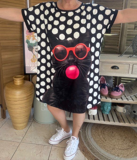 Tunique longue ou robe courte noire pois blancs Le Chat noir Bubble du 40 au 50/52