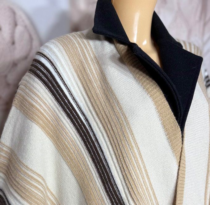 Poncho-veste oversize SANS LAINE rayé beige camel choco lurex doré TOUTES TAILLES 