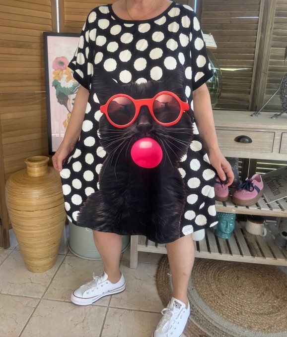 Tunique longue ou robe courte noire pois blancs Le Chat noir Bubble du 40 au 50/52