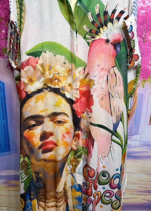 Robe longue oversize lin manches courtes crème rayée Frida Kahlo Perroquets Tropicaux du 42 au 52  