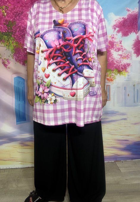 Tee-shirt fin trapèze oversize lycra carreaux Lilas Mes Jolies Baskets du 40 au 54 