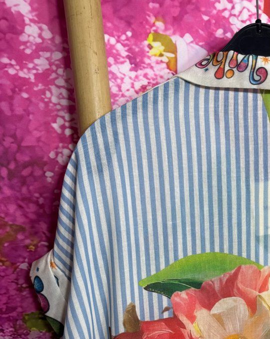 Robe longue oversize lin manches courtes crème rayée Frida Kahlo Perroquets Tropicaux du 42 au 52  