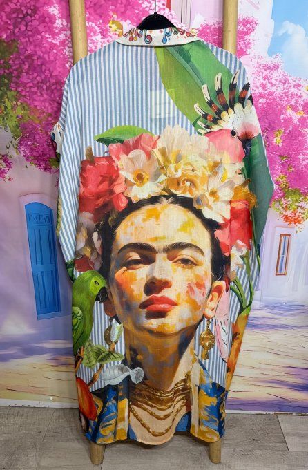 Robe longue oversize lin manches courtes crème rayée Frida Kahlo Perroquets Tropicaux du 42 au 52  