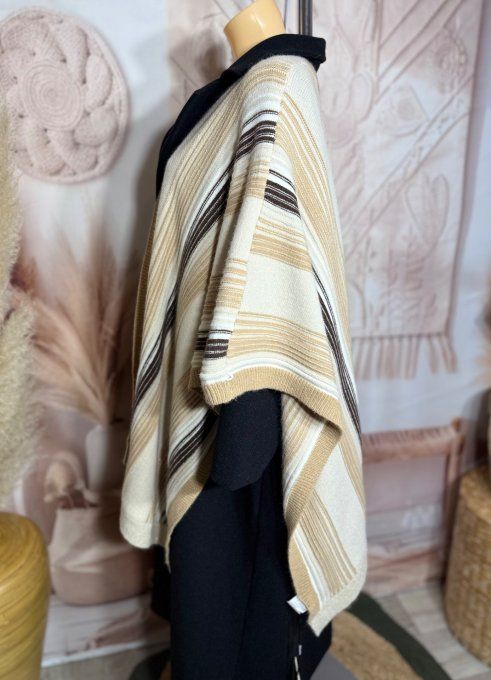 Poncho-veste oversize SANS LAINE rayé beige camel choco lurex doré TOUTES TAILLES 