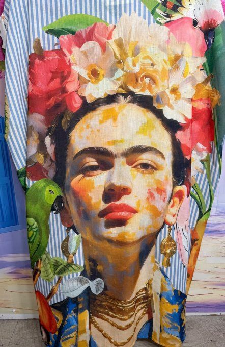 Robe longue oversize lin manches courtes crème rayée Frida Kahlo Perroquets Tropicaux du 42 au 52  