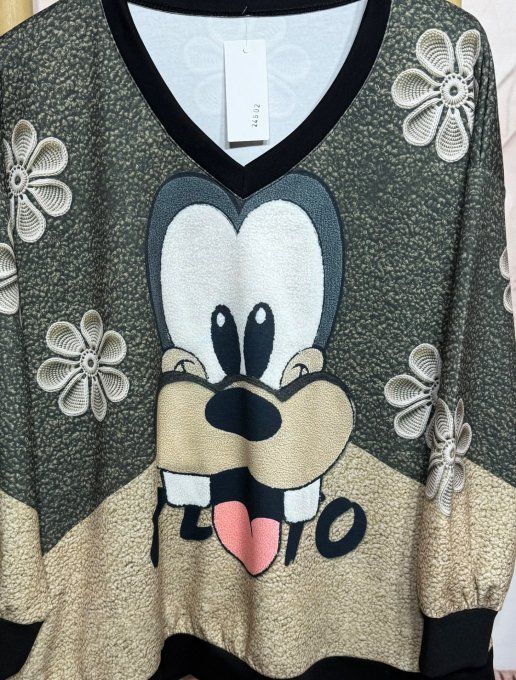 Sweat ample col V manches longues Pluto Disney Comics du 40 au 52/54 