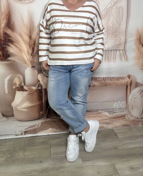 Top marinière écru & camel toucher velours douceur +++ du 38 au 48 