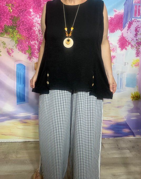 Blouse sans manches asymétrique noire boutons bois + collier offert du 38 au 48