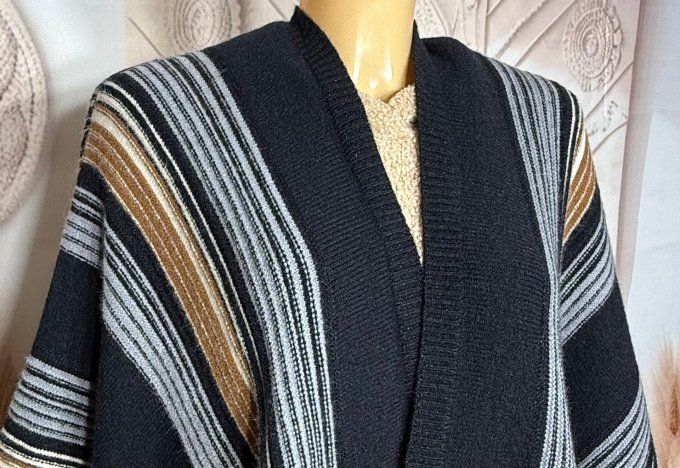 Poncho-veste oversize SANS LAINE rayé noir camel gris crème lurex doré TOUTES TAILLES