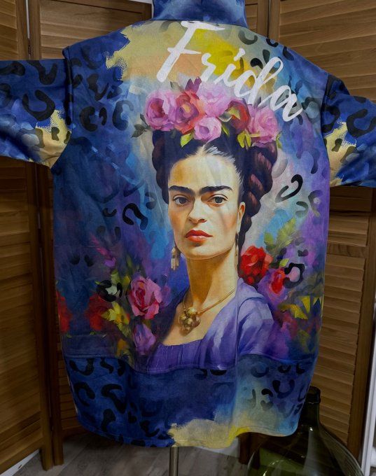 Manteau à capuche suédine bleu nuit Frida Kahlo du 40 au 52 et même +