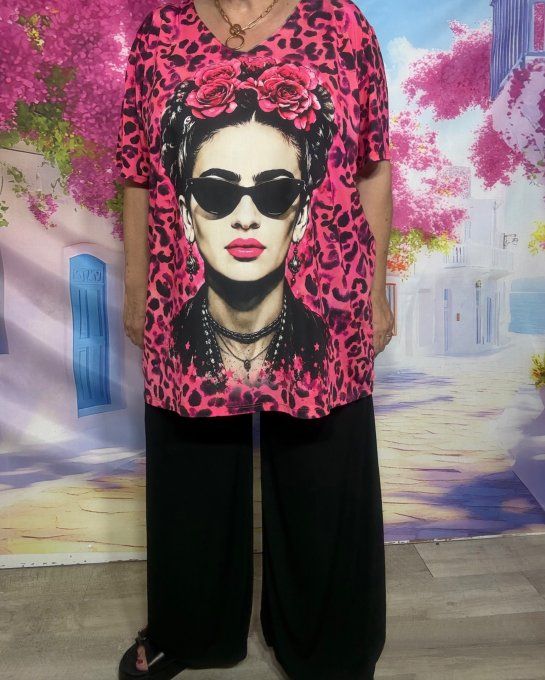 Tee-shirt fin trapèze oversize lycra Léopard fuschia Frida Kahlo du 40 au 54
