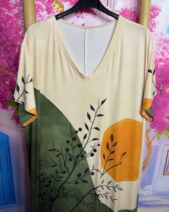 Robe trapèze longue marbrée crème et kaki Soleil orange Esprit Japonisant Zen du 42 au 54/56 