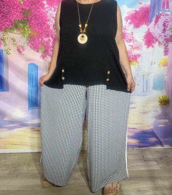 Pantalon Palazzo cuisses larges Vichy noir et blanc taille élastiquée du 40 au 52