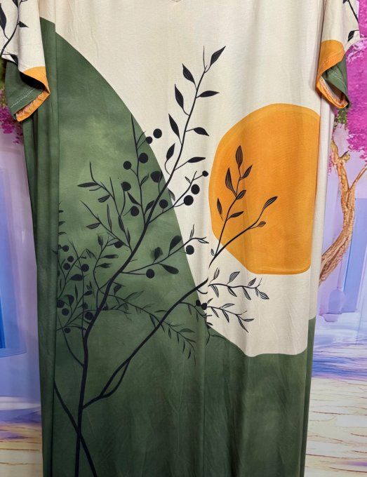 Robe trapèze longue marbrée crème et kaki Soleil orange Esprit Japonisant Zen du 42 au 54/56 