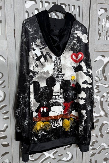 Sweat long à capuche velours fin noir marbré Mickey Mouse rétro 1930's Douceur +++ du 40 au 52