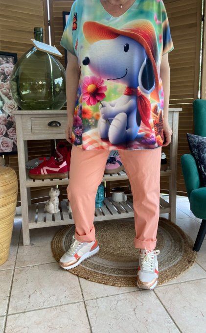 Top fin ample multicolore Snoopy au milieu des Fleurs du 40 au 52 