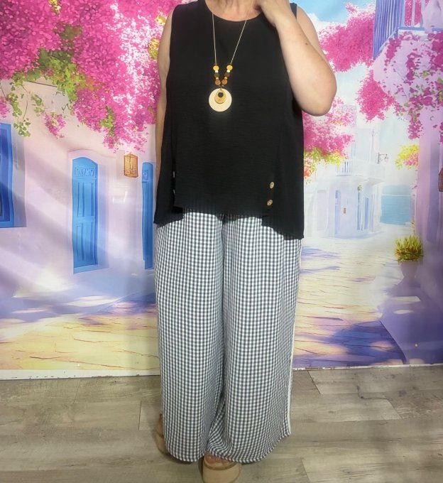 Pantalon Palazzo cuisses larges Vichy noir et blanc taille élastiquée du 40 au 52