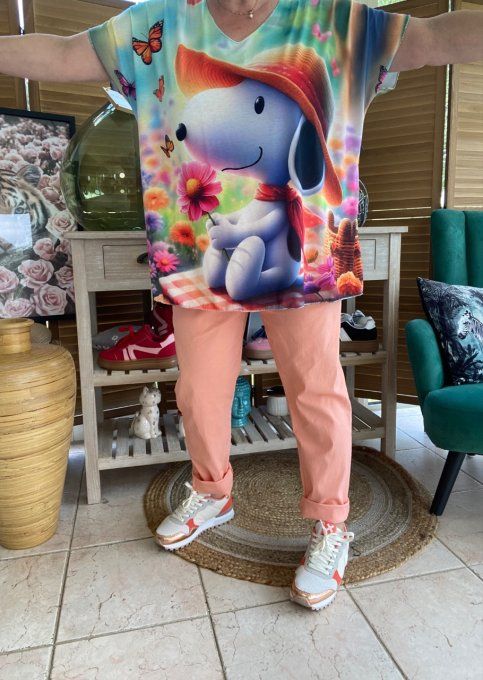 Top fin ample multicolore Snoopy au milieu des Fleurs du 40 au 52 
