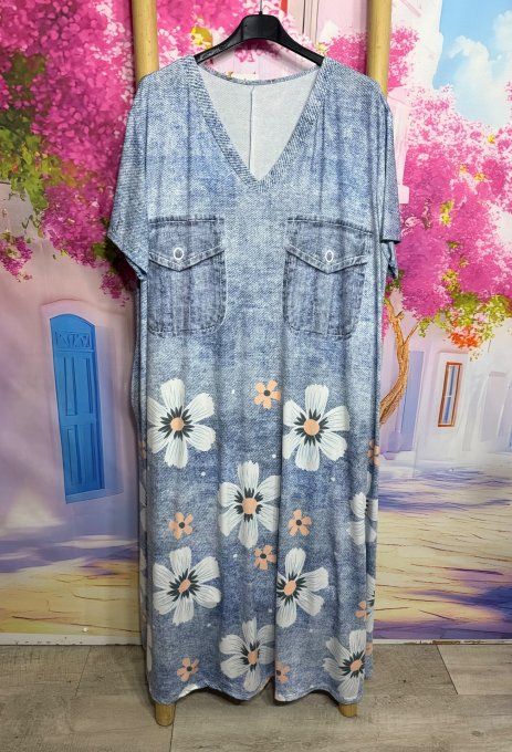 Robe trapèze longue effet jeans stone clair délavé Marguerites blanches & roses du 42 au 54/56 
