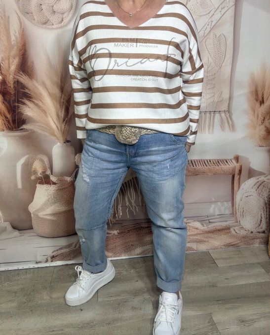 Top marinière écru & camel toucher velours douceur +++ du 38 au 48