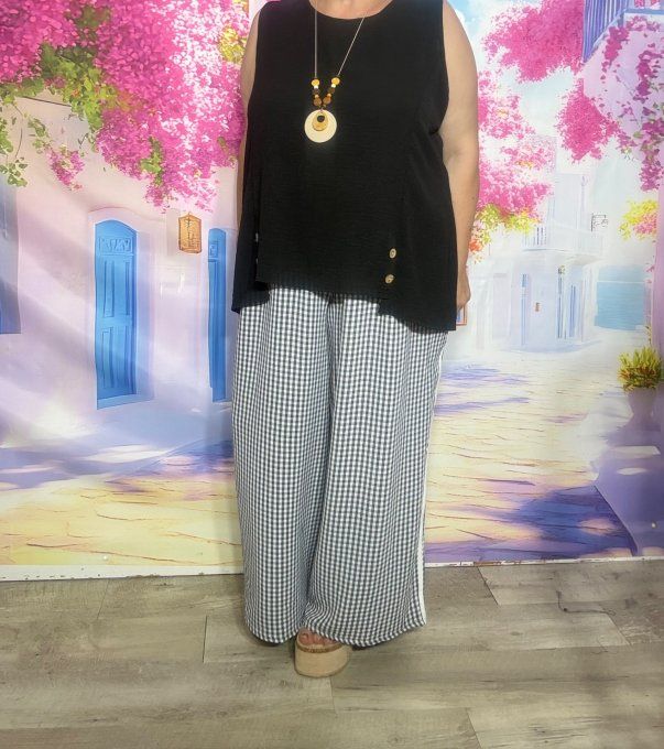 Pantalon Palazzo cuisses larges Vichy noir et blanc taille élastiquée du 40 au 52